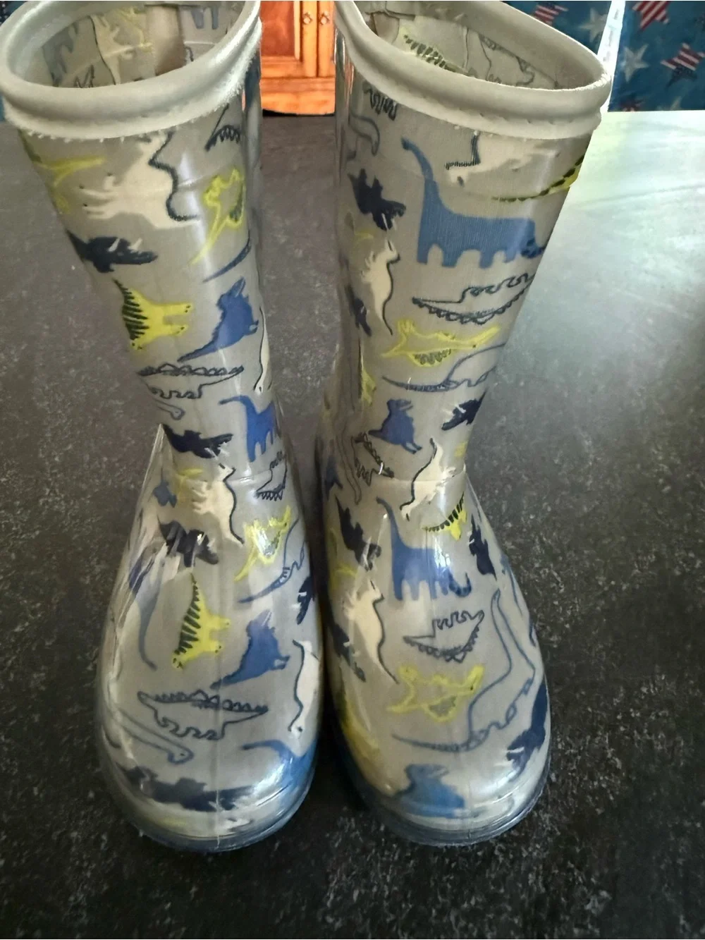 Carter's Gray Kids Rain Boots with Blue and Yellow Dinosaur Print